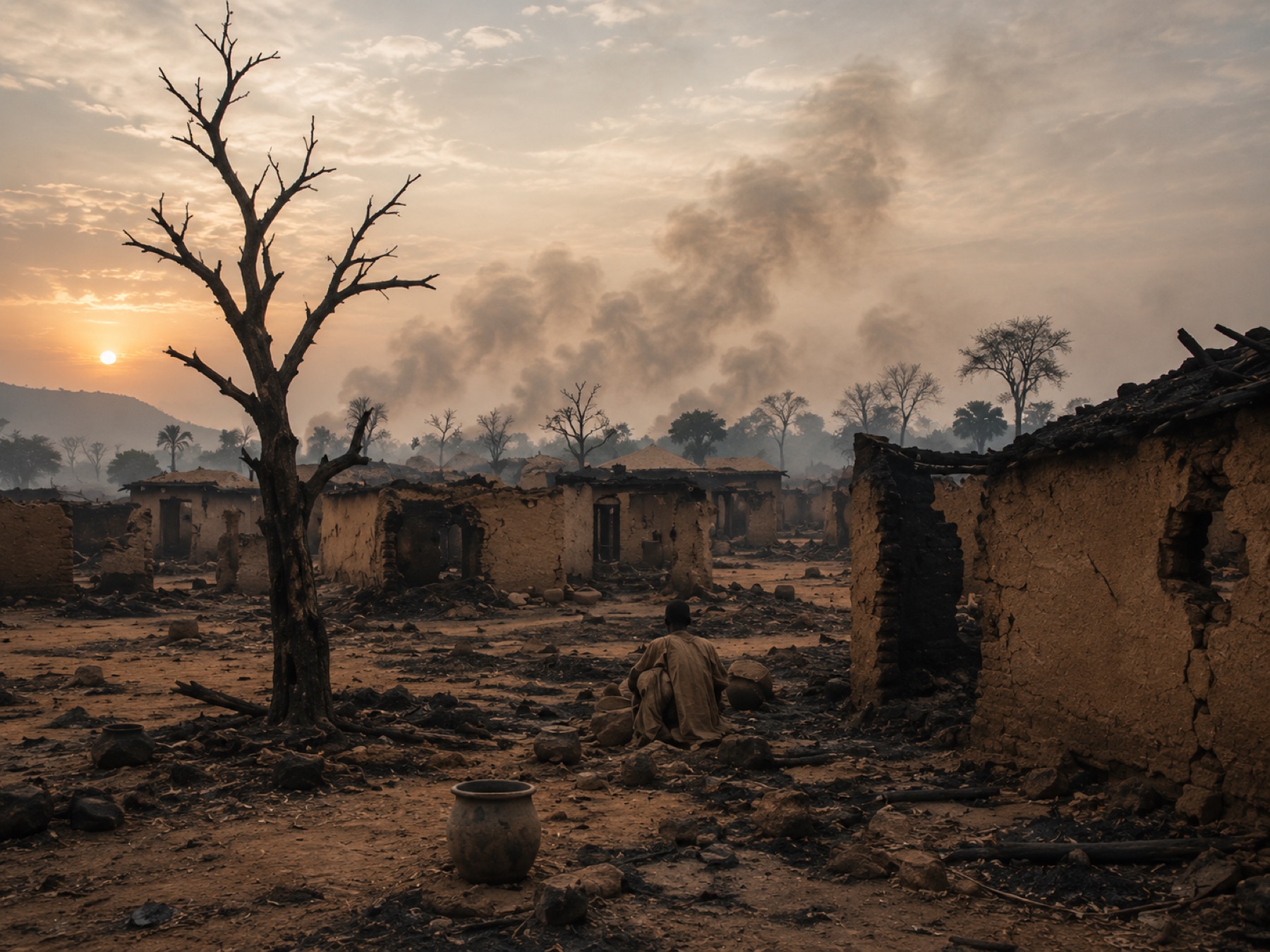 A burned village at dusk in Nigeria.