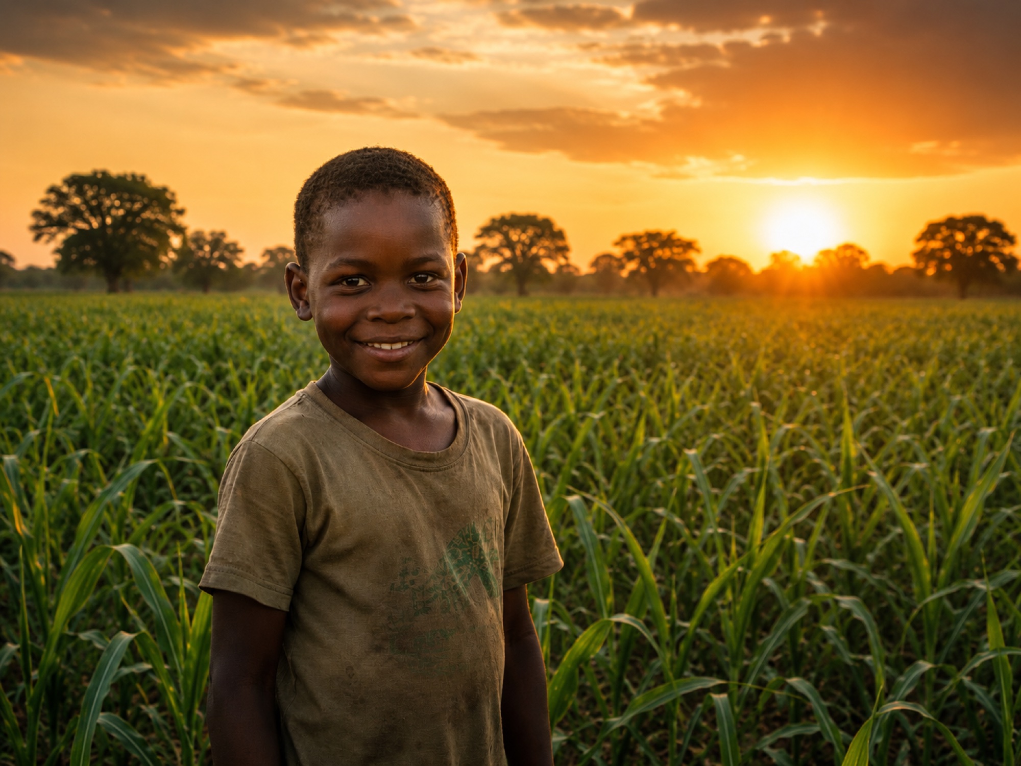 A young boy smiling in a maize field at sunset in Nigeria.