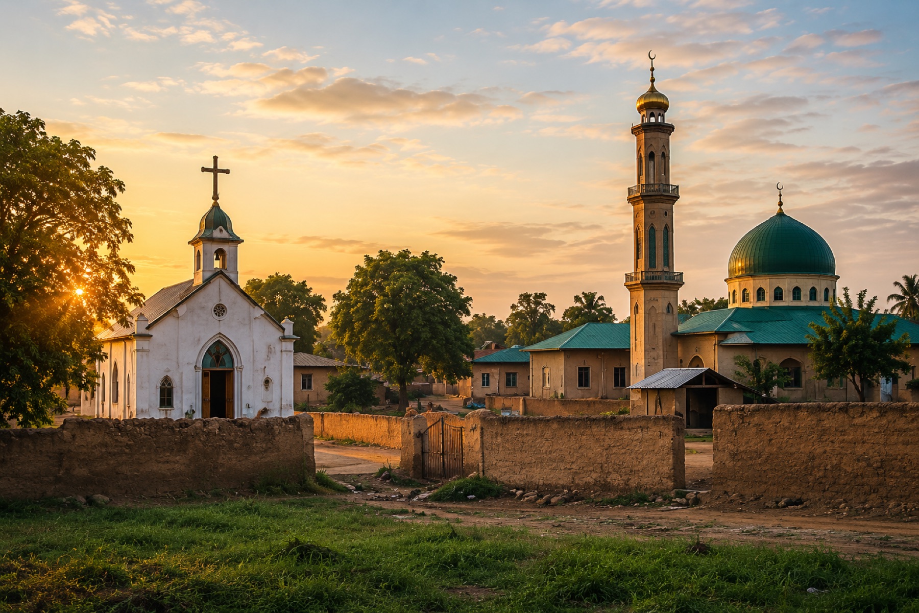 A church and a mosque in the same community.