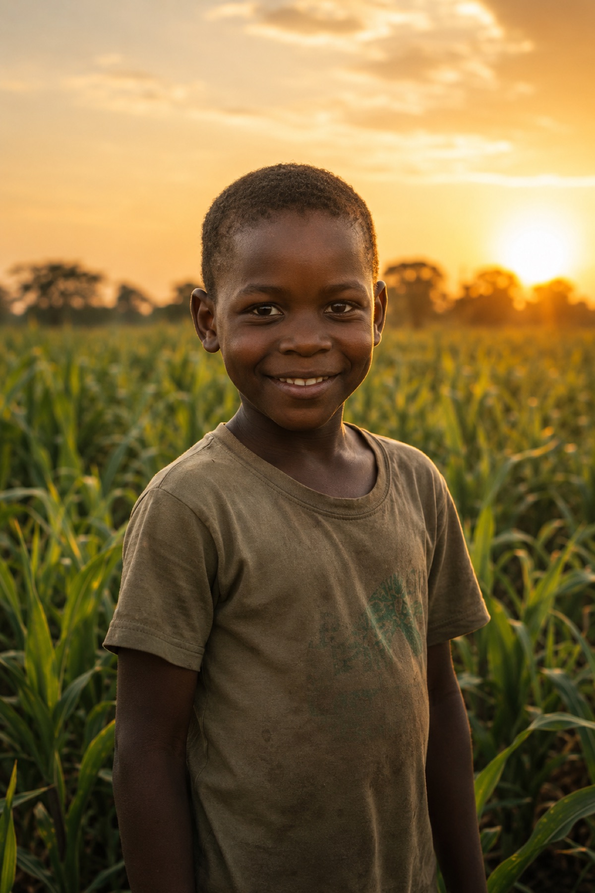 A young boy in a maize field at sunset.