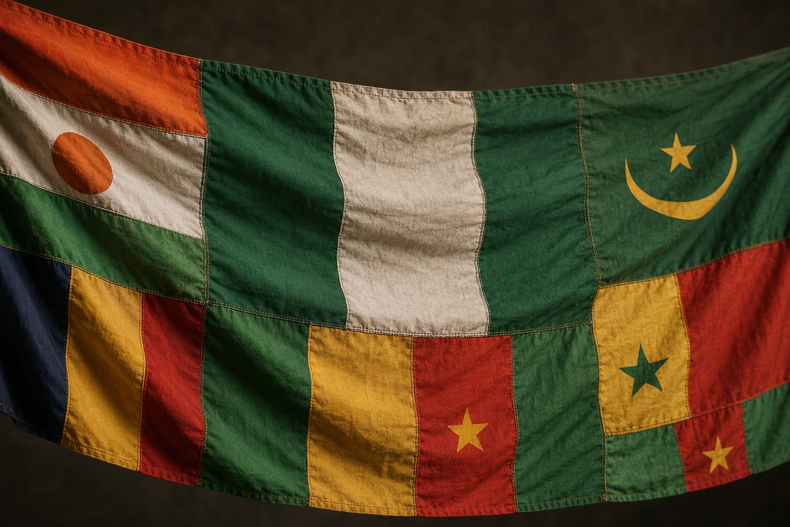 The flags of Nigeria and the Sahel states stitched together into one banner
