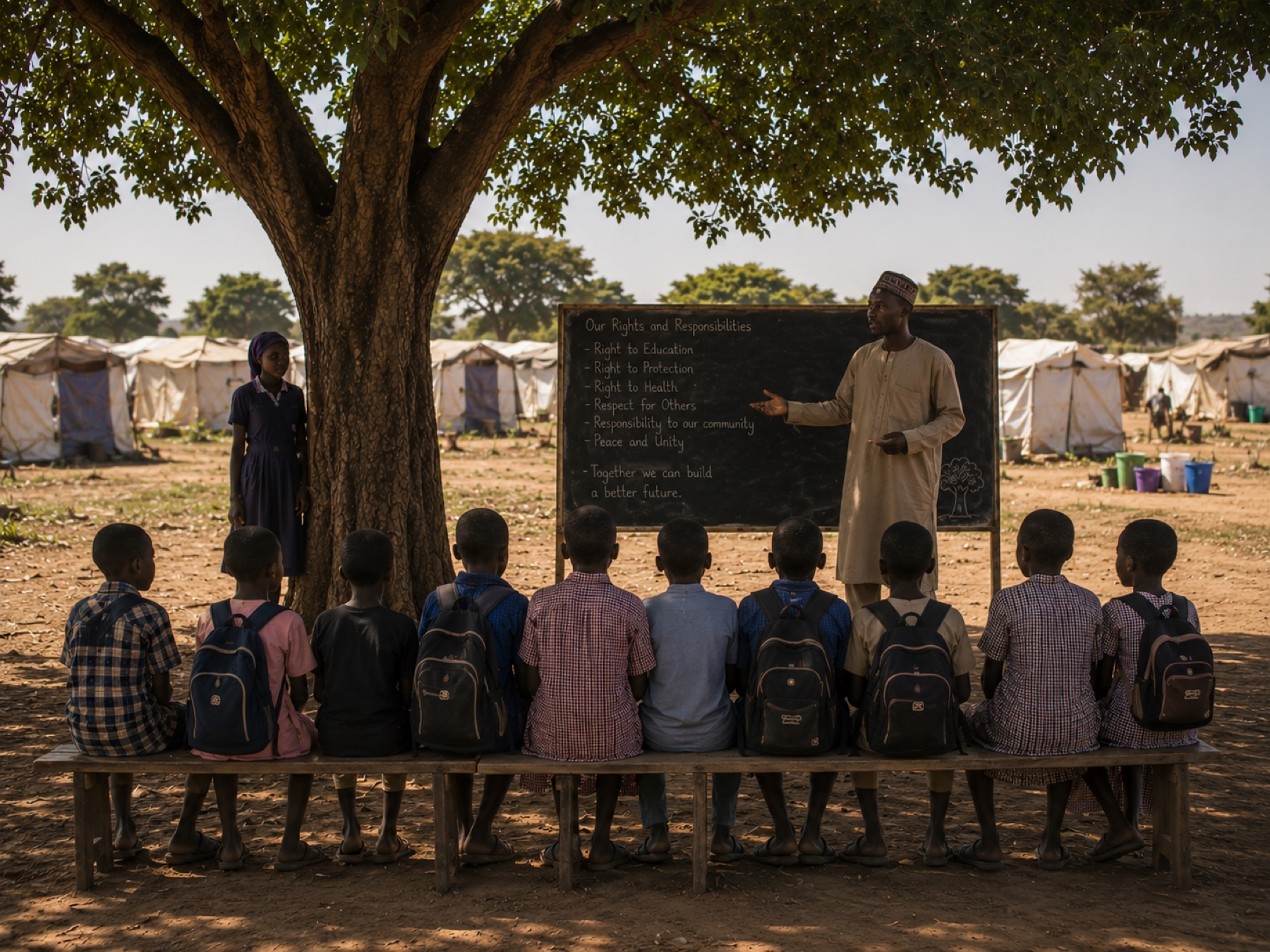 An open-air school in a Nigerian displacement settlement.