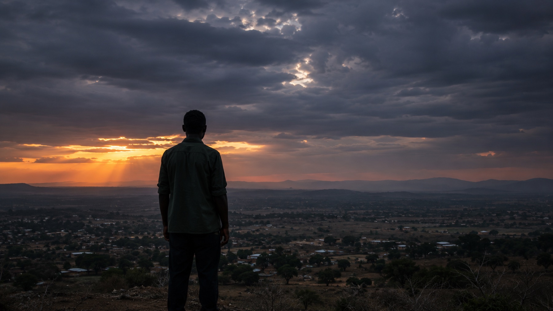 A man looking out over a town at dusk in the Sahel.